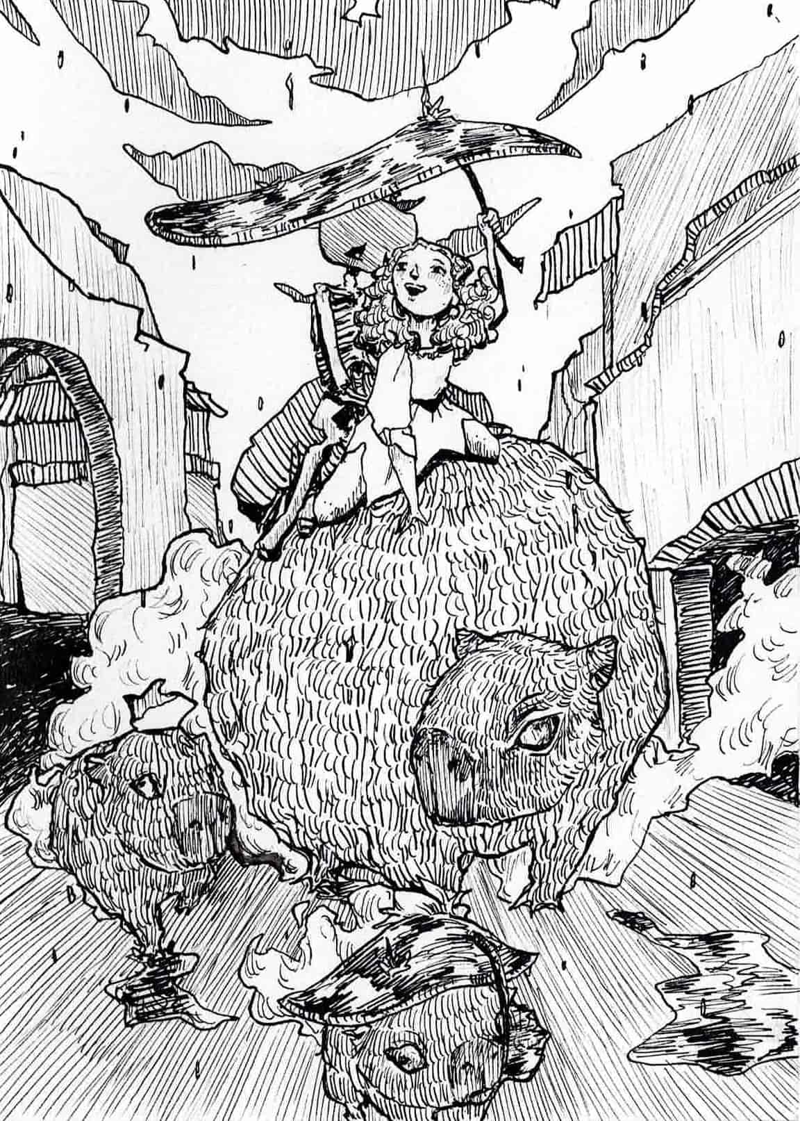 Illustration mit Tusche, eine Hexe und ein Skelett mit Kürbiskopf reiten ein großes Capybara und die Hexe hält dabei ein großes Pflanzenblatt über die drei als Schutz vor dem Regen