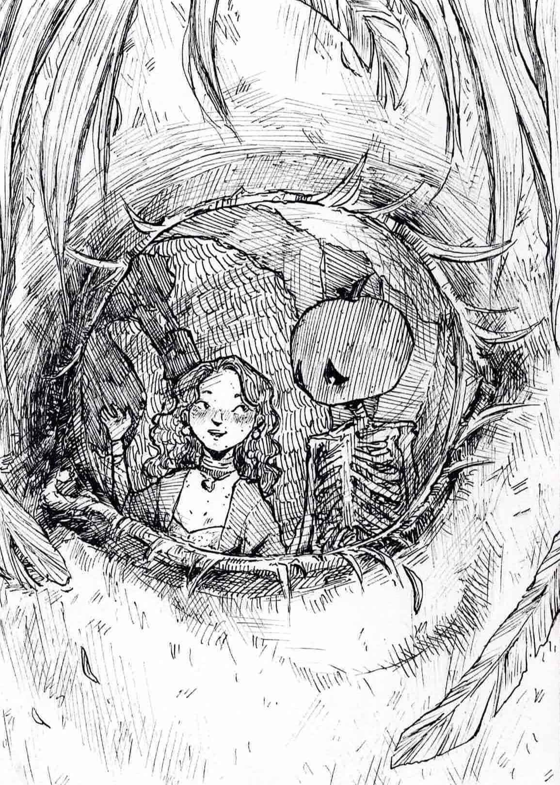 Illustration mit Tusche, eine Hexe und ein Skelett mit Kürbiskopf unterhalten sich. Im Vordergrund befindet sich ein Auge, das die Situation spiegelt