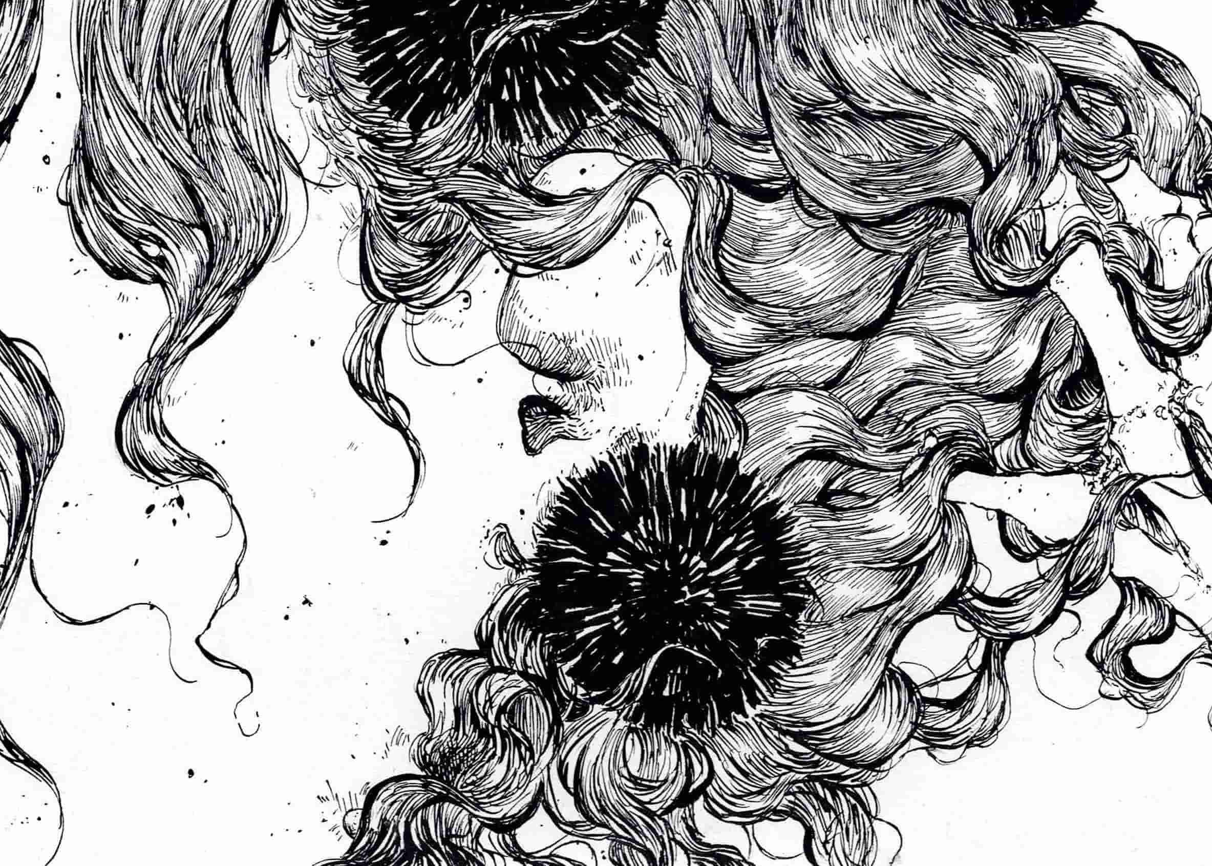 Illustration mit Tusche, Ansicht eines Kopfes mit wirrem Haar in dem Seesterne hängen