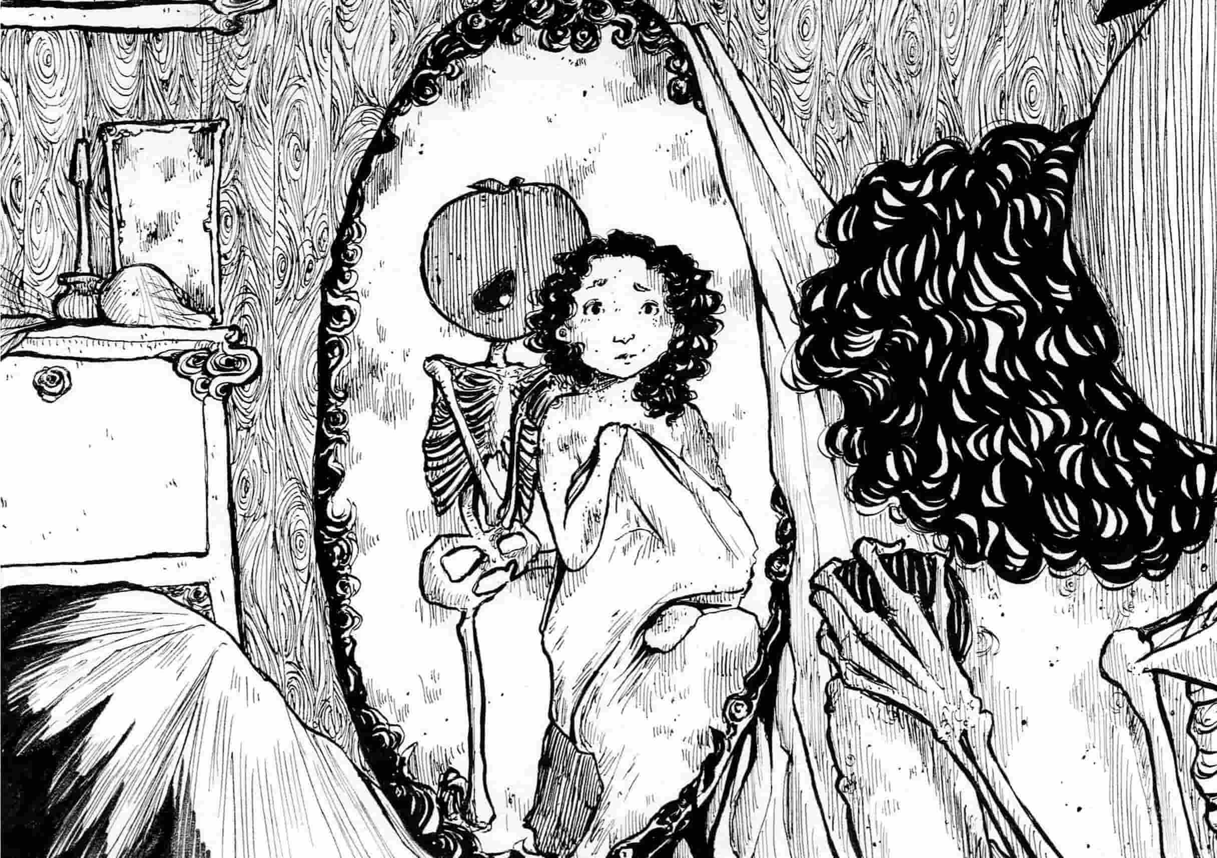 Illustration mit Tusche, eine Hexe und ein Skelett mit Kürbiskopf sitzen vor einem Spiegel und das Skelett behandelt mit einer Zwiebel mehrere Bienenstiche, die sich die Hexe zugezogen hat