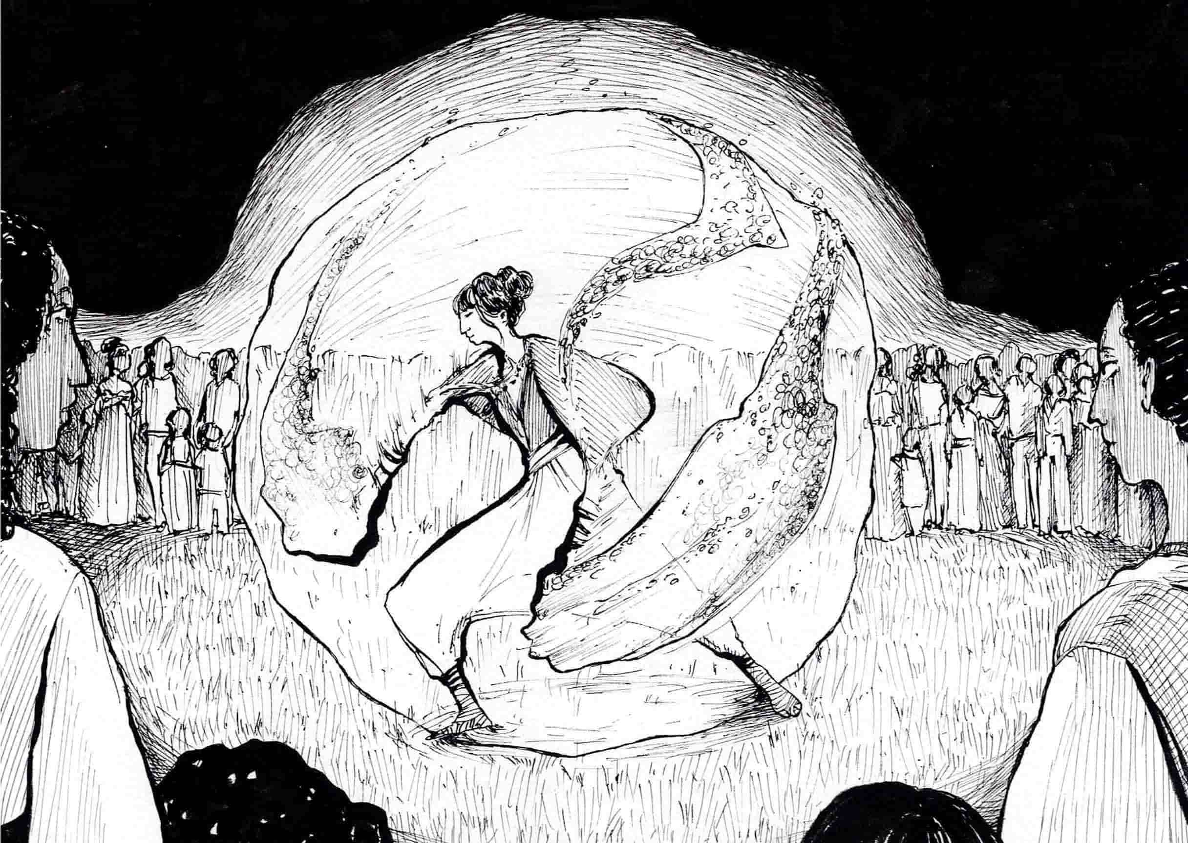 Illustration mit Tusche, Frau tanzt mit Fackeln